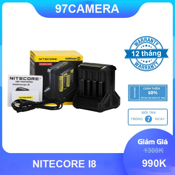 Chính hãng Nitecore - Sạc pin đa năng Nitcore I8 tích hợp 2 công USB ( 18650, 26500, 26650, 18500, AA, AAA, C ,D...)