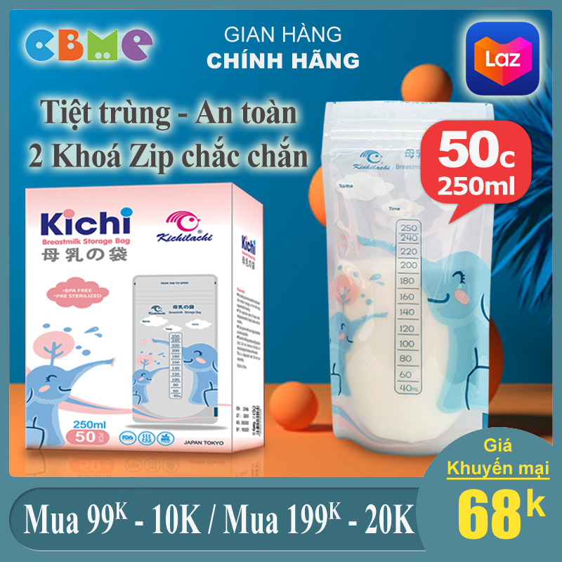 Hộp 50 Túi Trữ Sữa Kichilachi 250Ml Hình Con Voi, An Toàn Không Bpa, Chắc Chắn, 2 Khóa Ziper Chống Rò