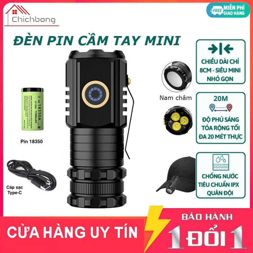 Đèn pin cầm tay mini siêu nhỏ chiếu xa 300m, đèn pin siêu sáng tỏa X-BALOG BL-350X vỏ nhôm chống nước IPX7, pin trâu, 4 chế độ có móc gài