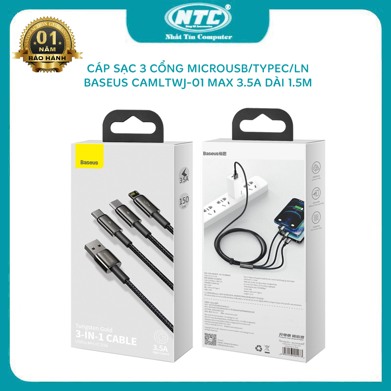 Cáp sạc và truyền data baseus camltwj-01 tungsten gold 3 in 1 dài 1.5m 3 cổng microusb/ typec/ ln max 3.5a nhất tín computer
