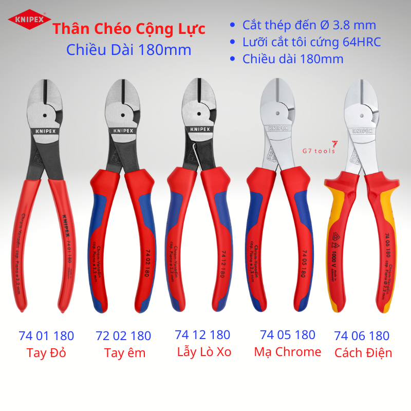 Kìm cắt thân chéo knipex 74 01 180/ 74 02 180/ 74 12 180/ 74 05 180/ 74 06 180 chiều dài 180mm lưỡi cắt 64hrc