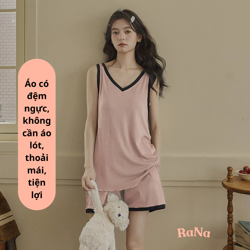 Quần áo sát nách có đệm lót ngực, bộ quần áo mặc nhà, vải cotton modal mềm mịn, mát mẻ