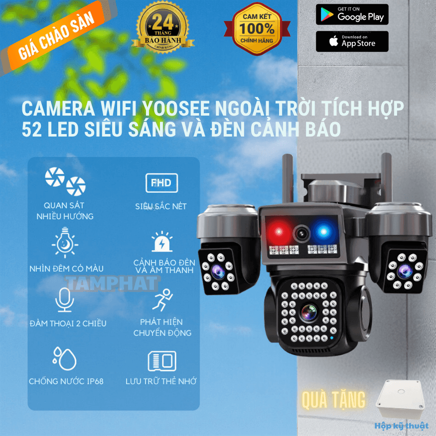   Độ phân giải 30MP  Camera WIFI Yoosee 4 mắt 3 khung hình tích hơp 52 LED và đèn cảnh báo an ninh siêu nét sử dụng tiếng Việt 