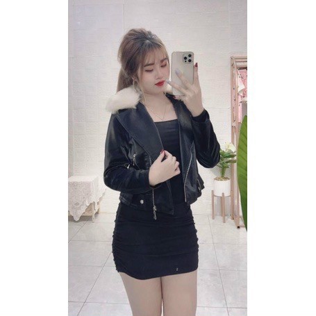 Áo khoác da nữ lót lông toàn thân cổ lông tháo rời được.hàng QC cao cấp