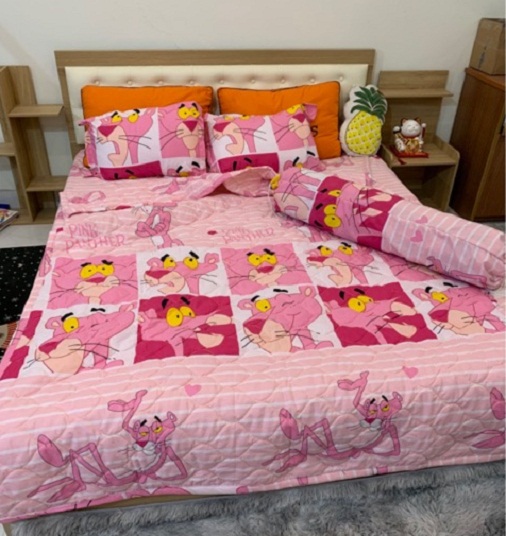Bộ Chăn Ga Gối Hè 5 Món Cotton Mẫu Chú Báo Hồng, Màu sắc; họa tiết ngộ nghĩnh; bắt mắt; tạo vẻ đẹp sinh động cho phòng ngủ của gia đình bạn