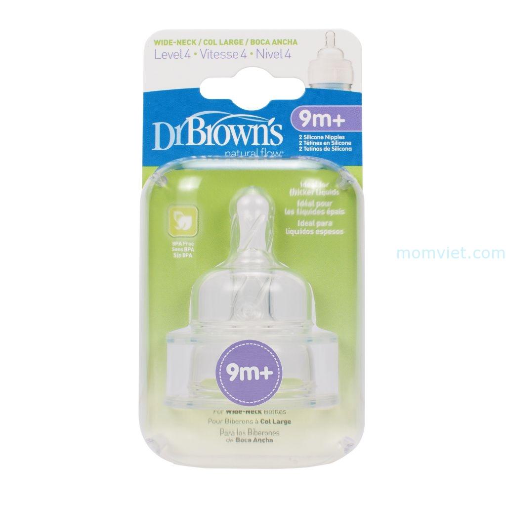 Hộp 2 núm ty silicone dr.brown's cổ rộng level4