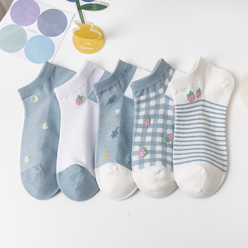 Set 5 đôi Tất nữ cổ ngắn thấm mồ hôi, vớ đi giày lười, vớ đi hài, vớ đi giày thể thao thoáng mát