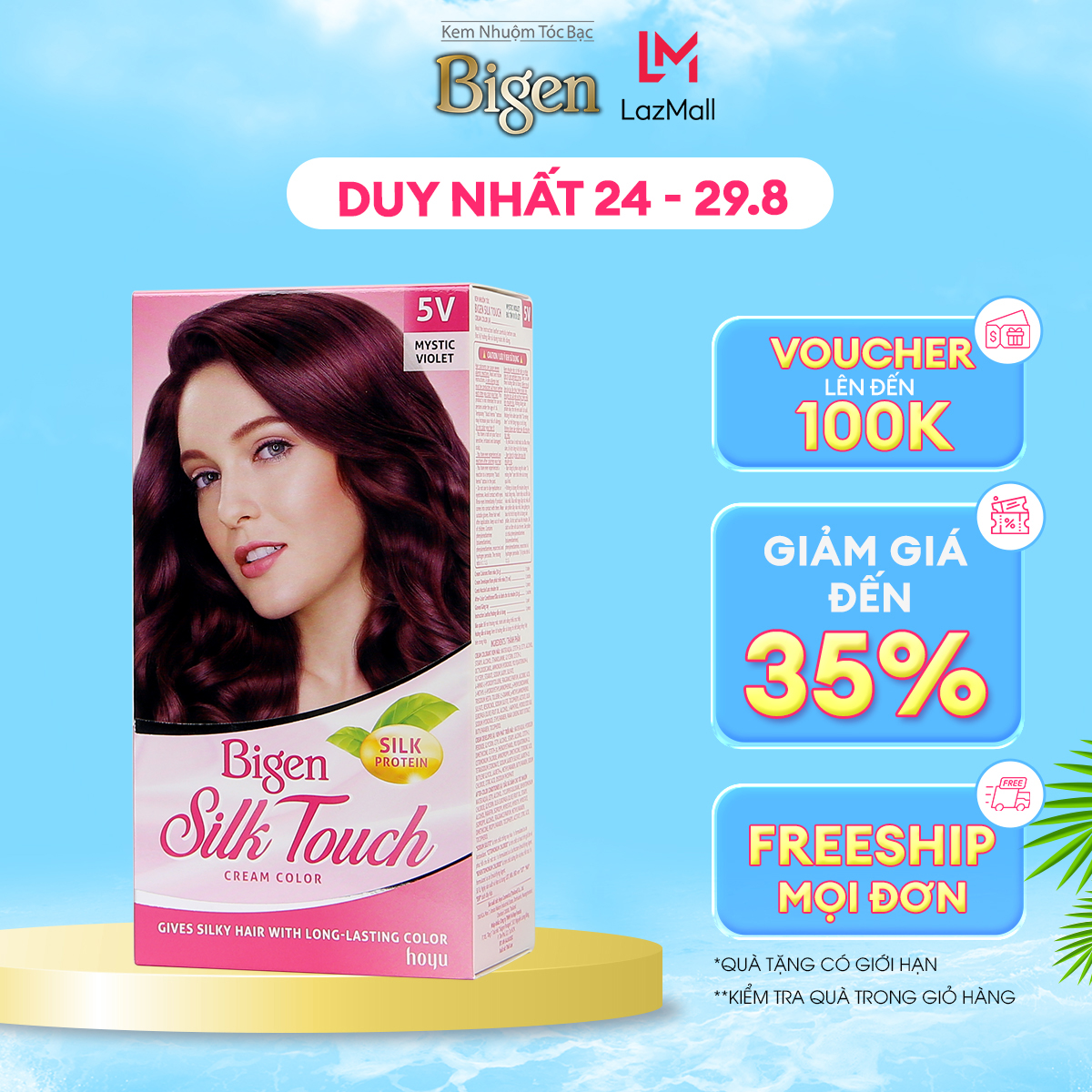 Thuốc nhuộm phủ bạc Bigen Silk Touch phủ bạc hoàn toàn, dưỡng tóc mềm mượt 135ml dạng kem-Đỏ Tím Violet 5V