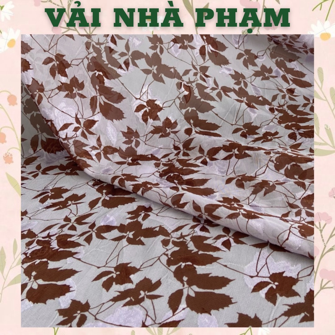 Voan lụa dệt nổi hoa hồng hoạ tiết lá nâu nền tím cà-khổ 1.5m-vải nhà phạm