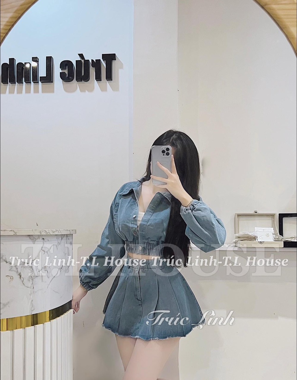 [HCM]set jean áo tay dài cổ sơ mi chân váy xòe ngắn xếp ly M004688