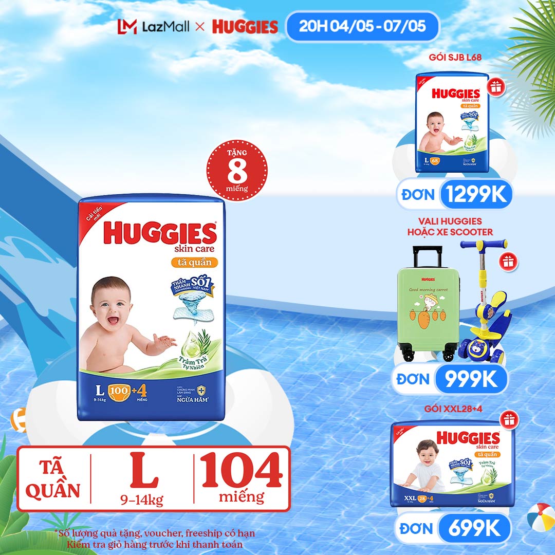 [DUY NHẤT 12/05 GIẢM THÊM 40K]Gói Tã/bỉm quần HUGGIES SKINCARE MEGA JUMBO size L96+8 miếng/L100+4 mi