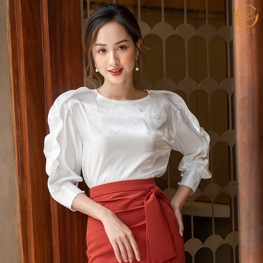[KHUYẾN MẠI SỐC] Áo sơ mi nữ cổ tròn nhún bèo sống tay OLLY OBA20.004