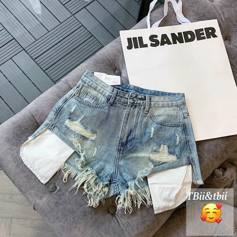 Quần đùi nữ , quần short jean lưng cao phối rách túi lồi hottrend m007211