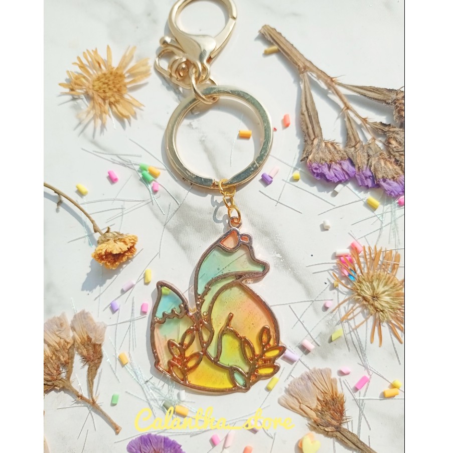 Móc khóa resin hình cáo - fox resin keychain - viền kim loại mạ vàng
