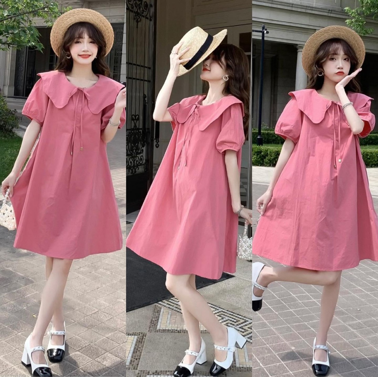Váy babydoll - đầm bầu chất đũi hồng form rộng đến 65kg