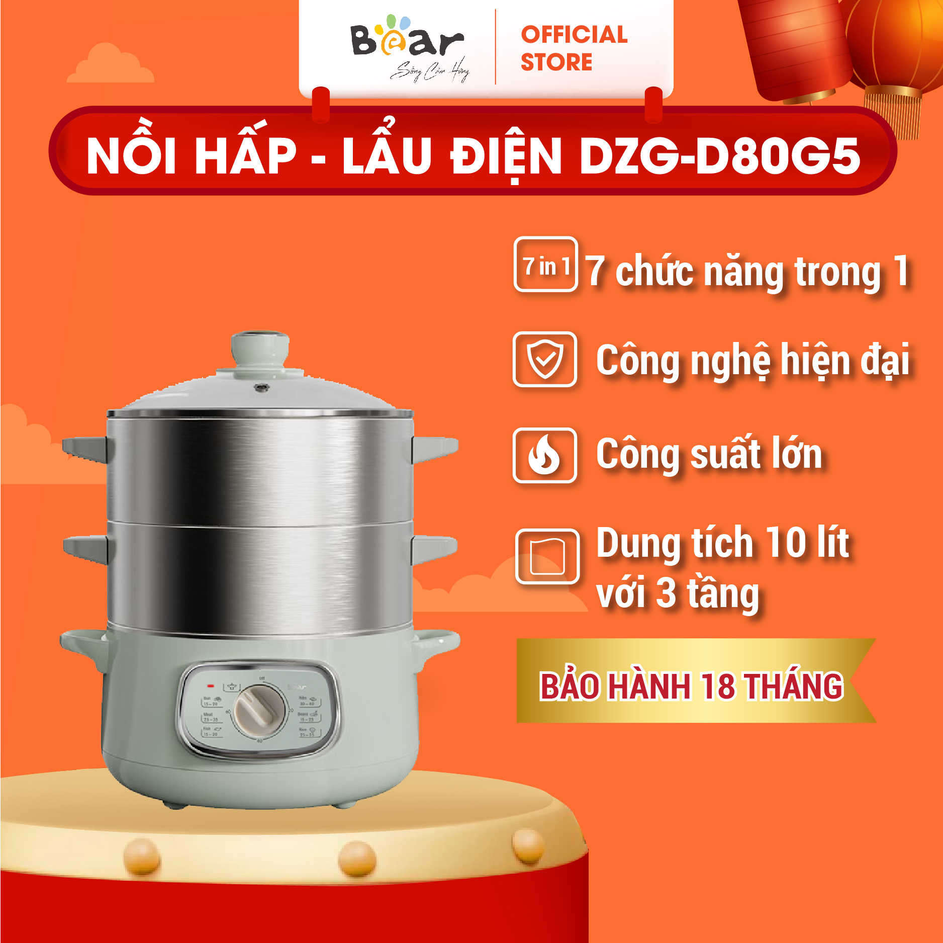 Nồi hấp điện 3 tầng bear 10l hấp đa năng, hấp bánh bao, hấp xôi, hấp đồ ăn dặm cho bé dzg-d80g5