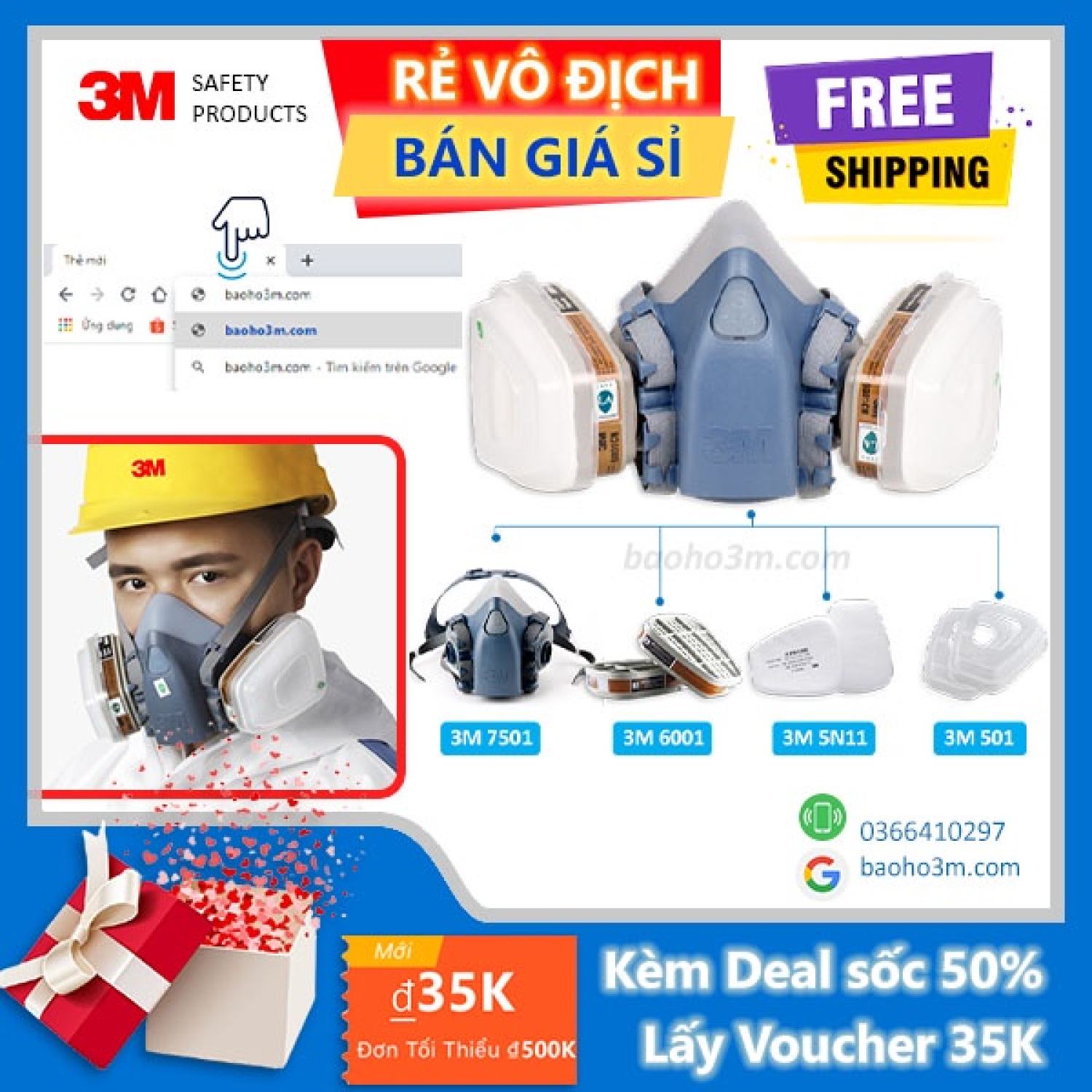 3M 7501-Mặt nạ phòng độc 3M-7 món lọc hơi benzen acetone xăng dầu dùng phun sơn phòng dịch phòng cháy