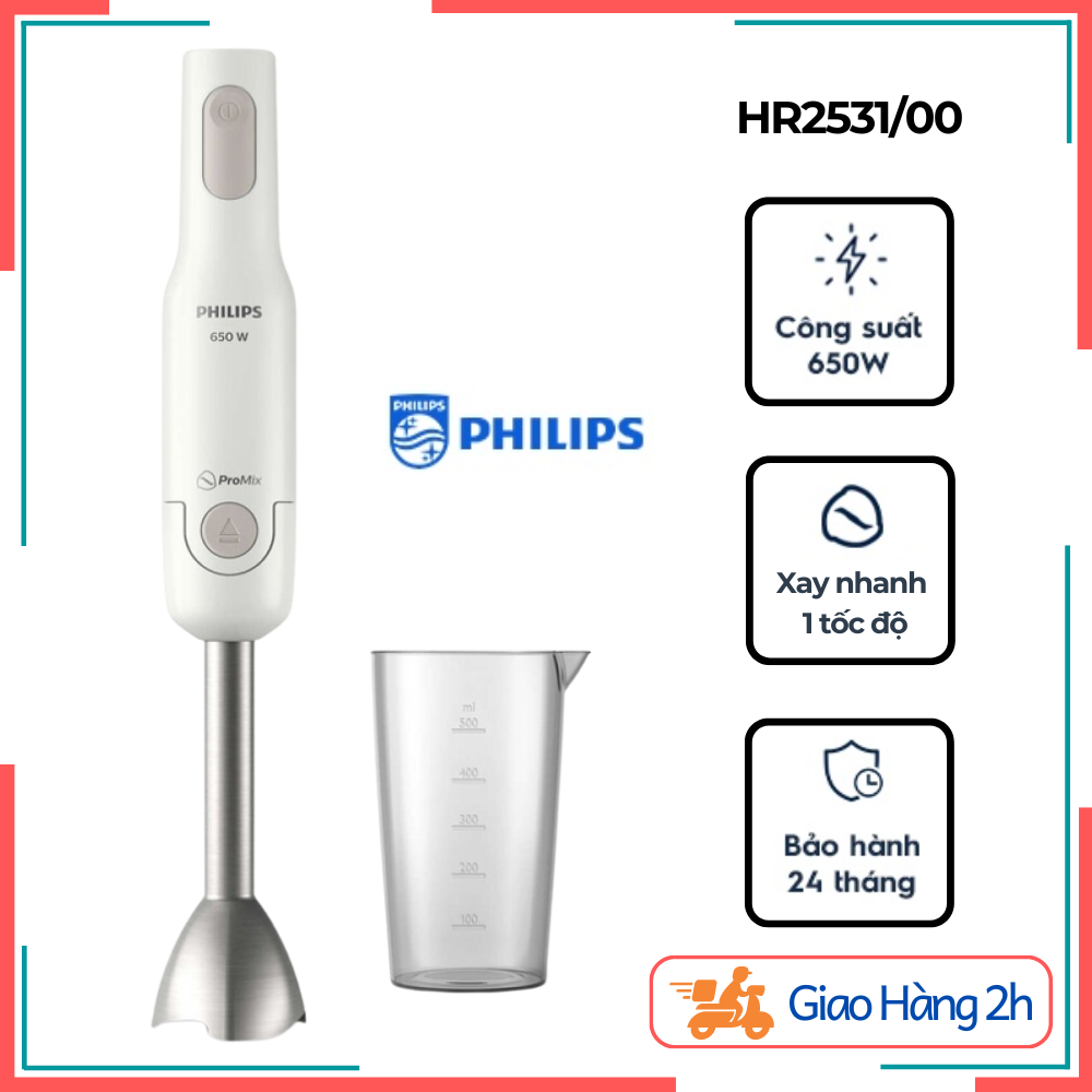 Máy xay sinh tố cầm tay philips hr2531/00 - thao tác dễ dàng, xử lý 1 nút bấm, xay cháo, xay hạt, xay thịt, xay hoa quả - bảo hành 12 tháng 1 đổi 1