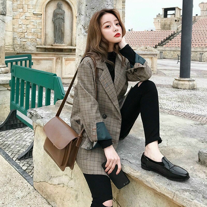 Áo blazer dáng dài sọc caro - phong cách hàn quốc
