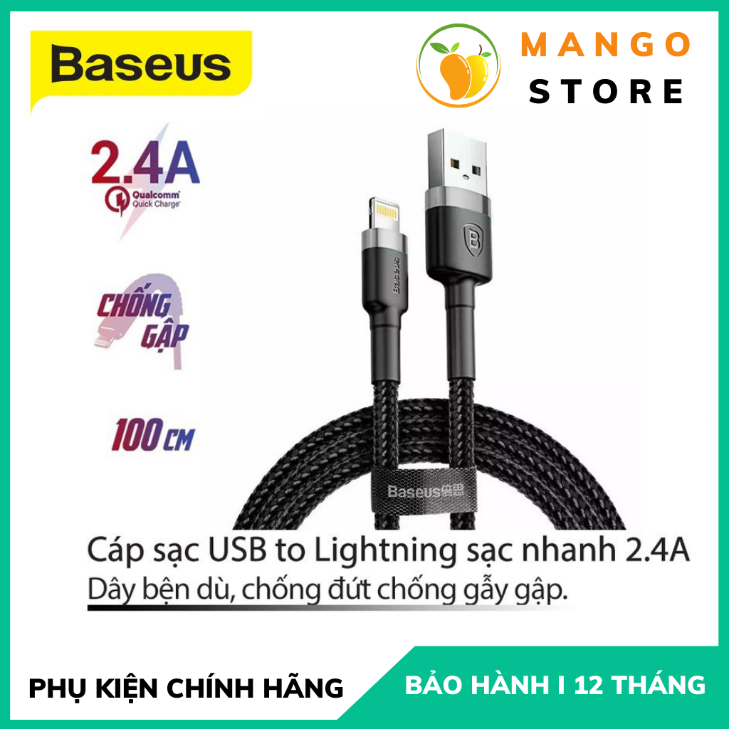 Cáp sạc nhanh iPhone Dây bọc dù chống gẫy gập Hỗ trợ tryền dữ liệu Dài 1M/2M Chính hãng Baseus