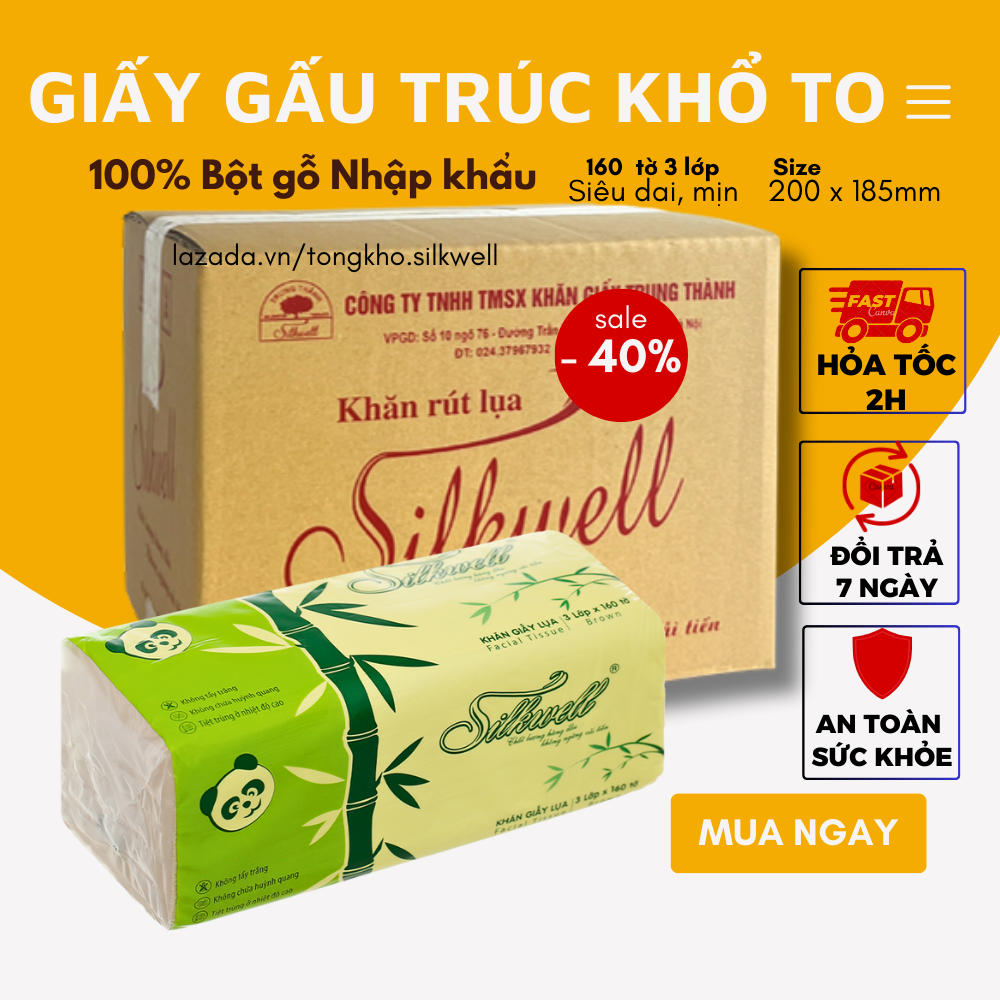 Thùng 9 gói giấy ăn gấu trúc khổ Lớn Silkwell 3 lớp than tre chính hãng