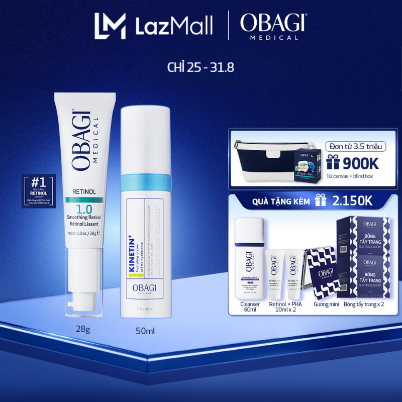 Bộ đôi Kem Dưỡng Làm Mờ Nếp Nhăn, Mờ Thâm  Làm Đều Màu Da Obagi Retinol 1.0 và Kem Dưỡng Ẩm Làm Dịu Da Obagi Clinical Kinetin+ Hydrating 50ml