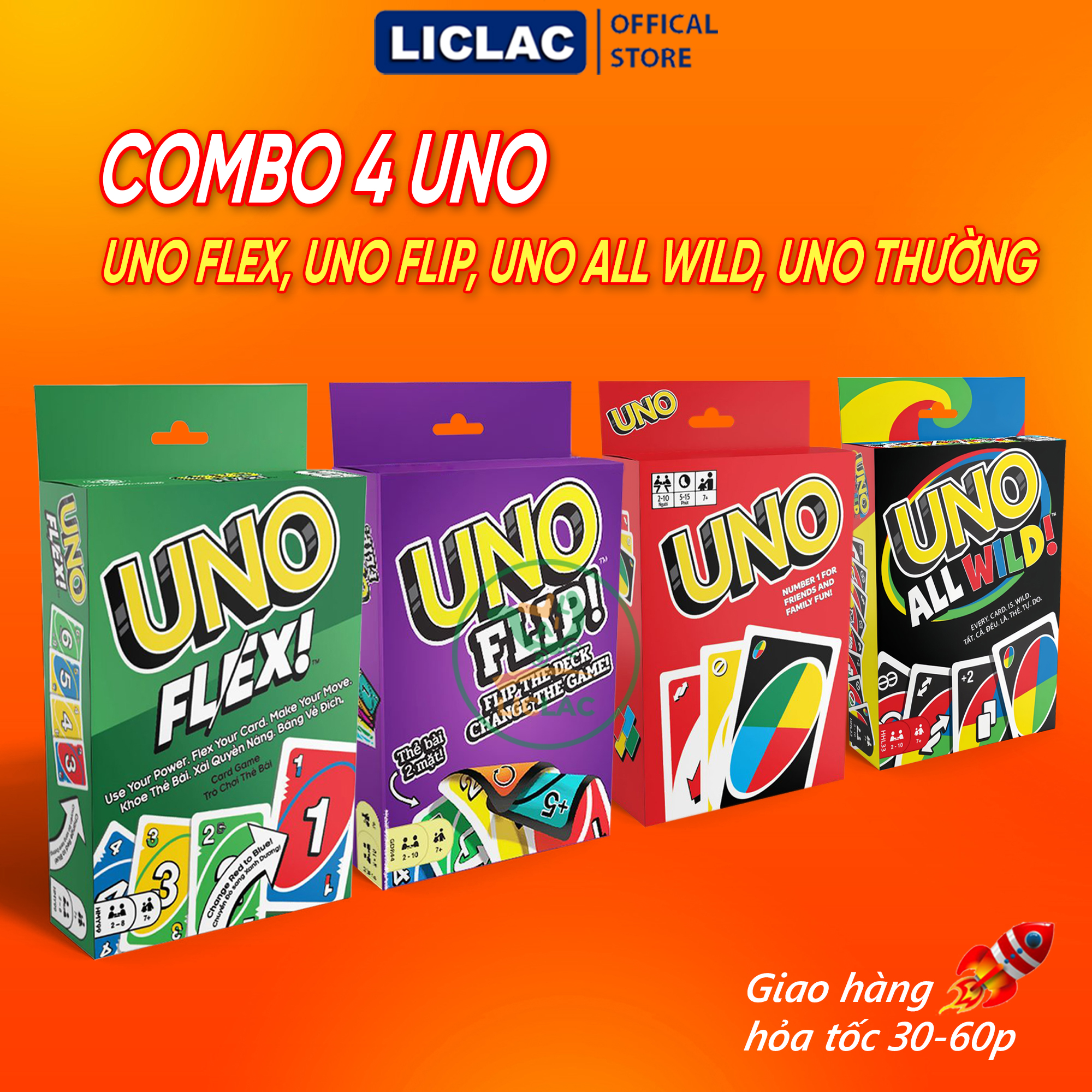  COMBO 4 Bài Uno Flip Uno Flex Uno All Wild Uno Thường giấy cán màng Cao Cấp Board Game UNO 