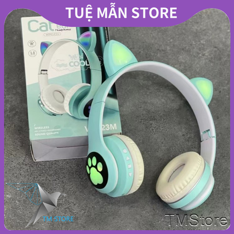 tai nghe mèo bluetooth chụp tai không dây giá rẻ TM Shop màu hồng, trắng, xanh, tím có led phát sáng chính hãng giá dẻ