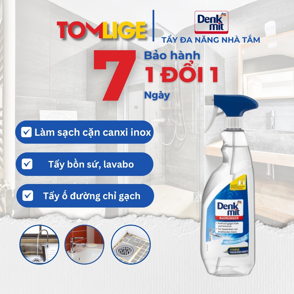 Xịt Tẩy Đa Năng Nhà Tắm Denkmit Badreiniger, Tẩy Cặn, Tẩy Lavabo, Ố Vàng 750ml