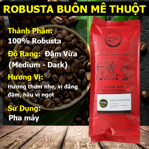 1kg CÀ PHÊ HẠT MỘC - 100% ROBUSTA (Buôn Mê Thuột), Gu đậm, Cafe hạt pha máy - AROCKA