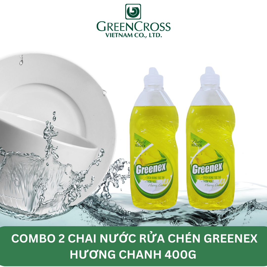 2 chai Nước rửa chén bát Greenex 100% Thiên nhiên An toàn da tay 400gr Hương chanh