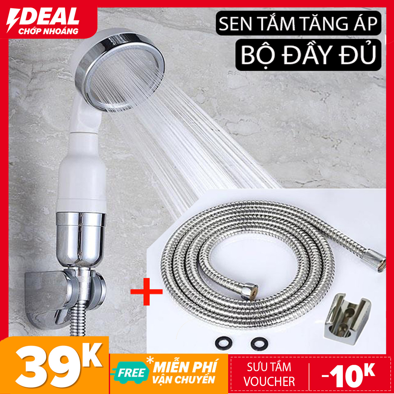 Bộ sen tắm tăng áp dùng cho nước yếu - Công nghệ nano, thanh lọc nước, tăng áp lực nước lên tới 200% (đủ dây dẫn, đế cài)