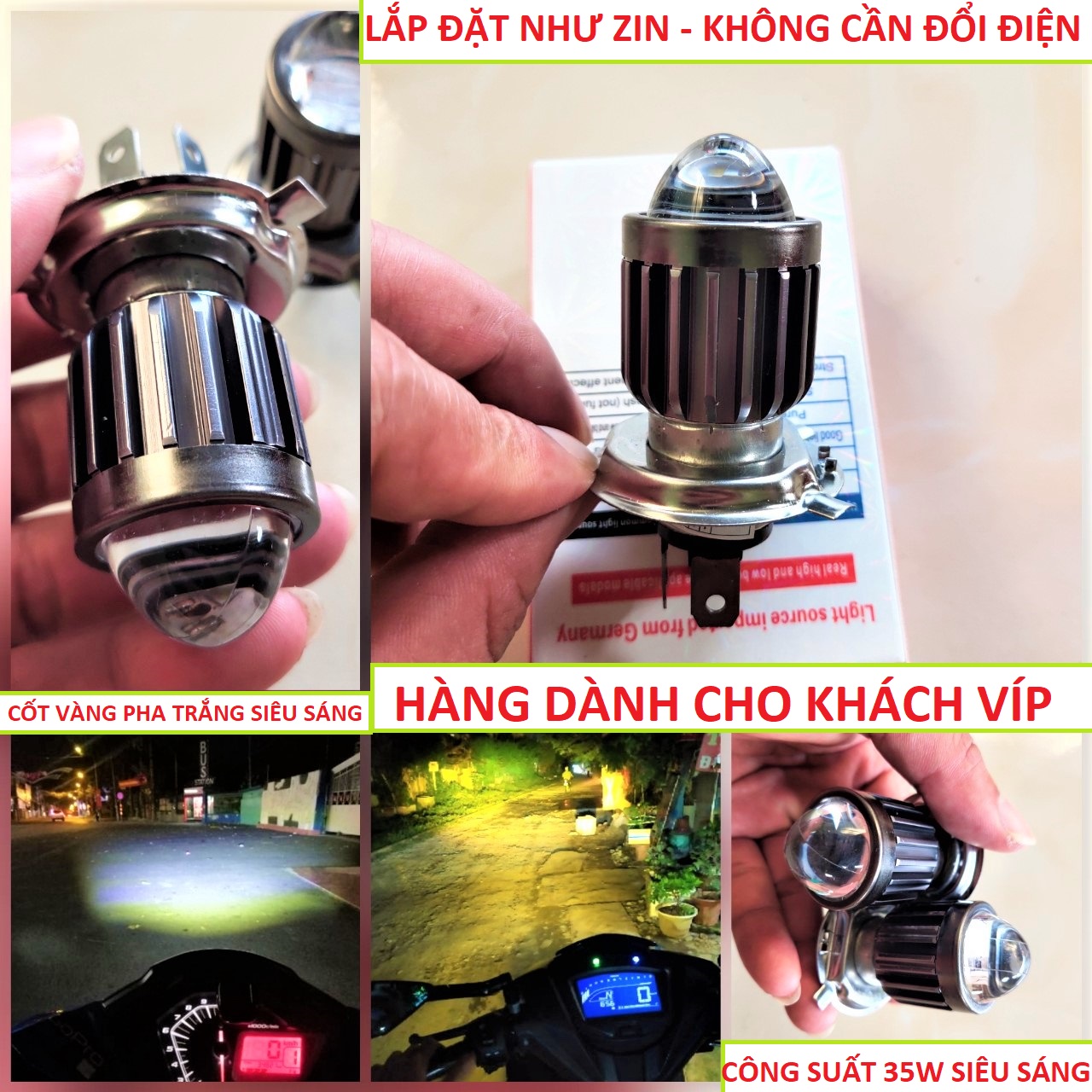 Đèn pha led xe máy 2 chế độ cốt vàng pha tráng bản đặc biệt dành cho khách vip, den pha sieu sang xe may