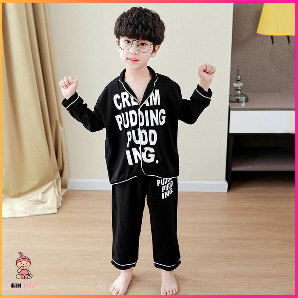 Bộ pijama lụa dài tay in chữ cho bé - BIN KIDS, bộ đồ ngủ dài tay cho bé trai và bé gái mặc đều xinh từ 6-28kg