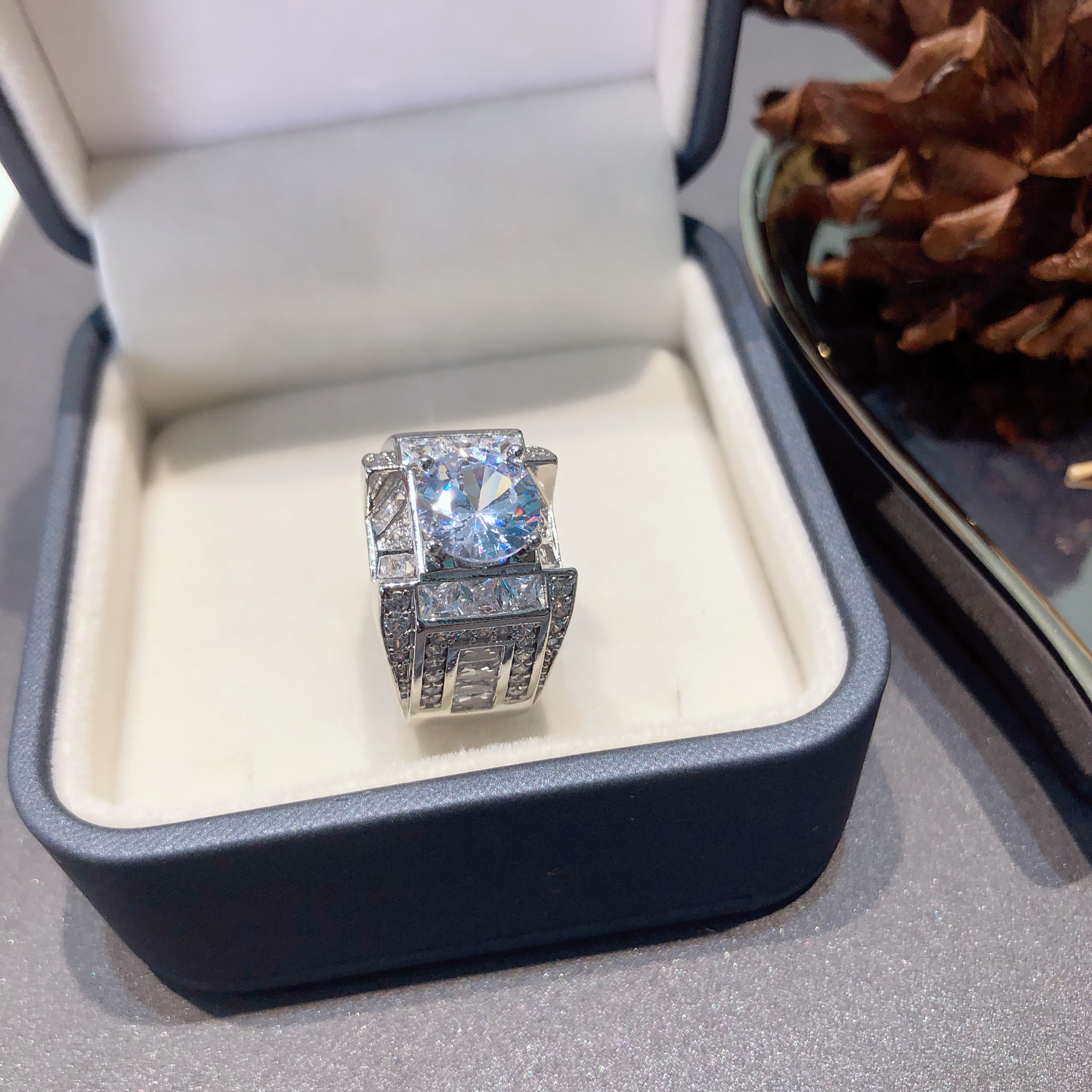 Nhẫn nam bạc mạ bạch kim đính đá cao cấp JK Silver, nhẫn nam đẹp sang trọng cho độ bền màu cao