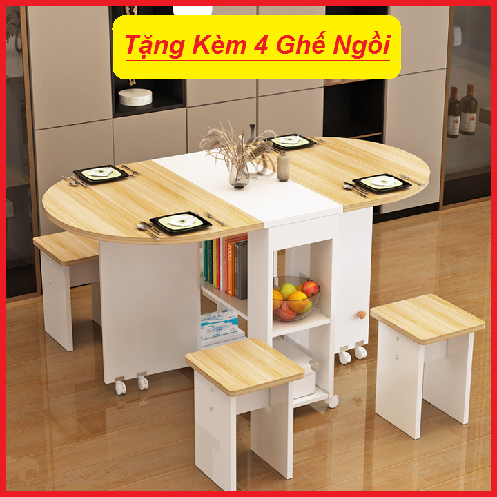 Bàn Ăn Gấp Gọn Cao Cấp, Kèm Bánh Xe Di Chuyển Đa Năng ( Tặng Kèm 4 Ghế Như Hình Ảnh ), Bộ Bàn Ăn Gấp Gọn Đa Năng