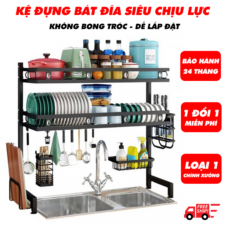 [ Tặng Kệ Sắt Treo Tường ] Kệ Để Chén Bát Đa Năng Thép Carbon - Giá Để Bát Đũa Sơn Sần Tĩnh Điện Đen Chống Bám Bẩn , Kệ để chén đĩa 2 tầng thông minh để trên bồn rửa