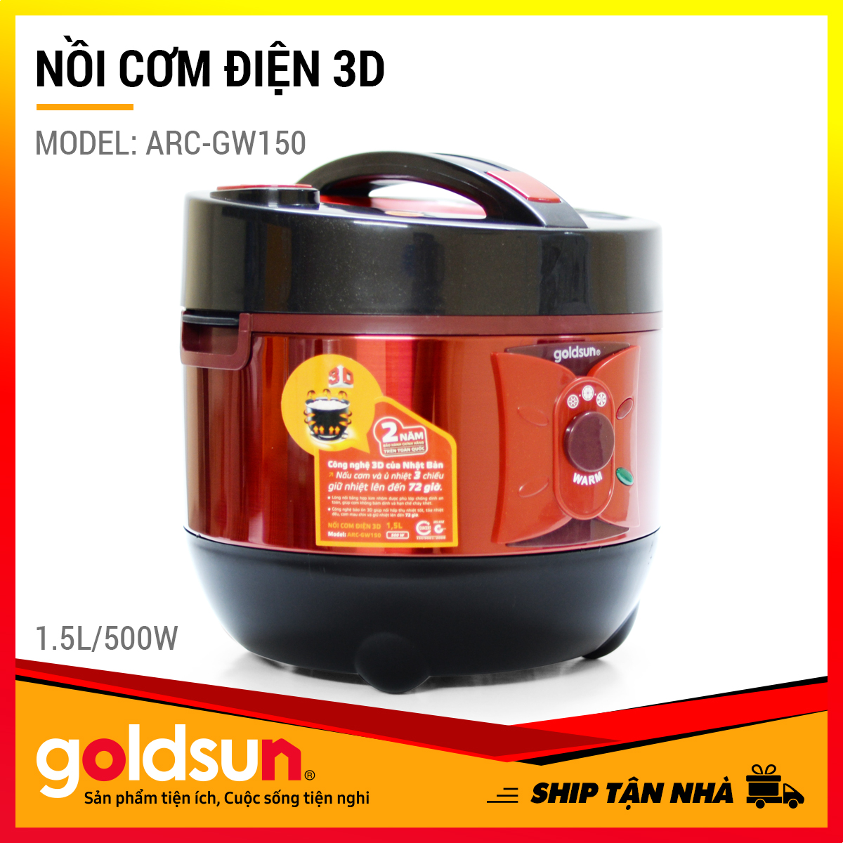 Nồi cơm điện 3D goldsun 1,5lit ARC-GW150 - Đủ cho 4-5 người - Nắp vòm giữ nhiệt - Bảo hành 12 tháng.