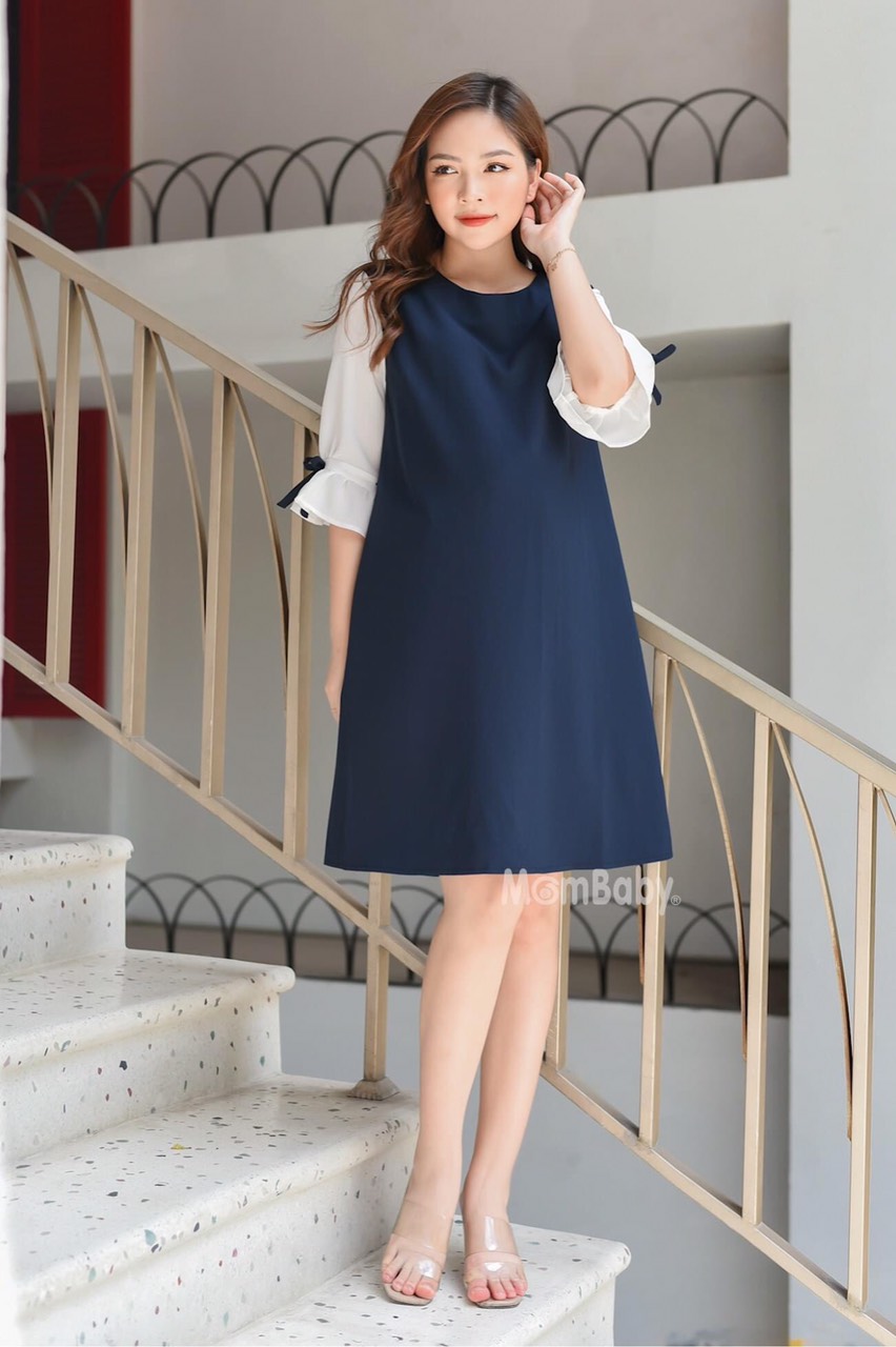 Đầm bầu suông đẹp xanh than tay trắng V22  FREESHIP  váy bầu thiết kế có khóa sau phù hợp mặc công sở dáng dài qua gối full size S/M/L