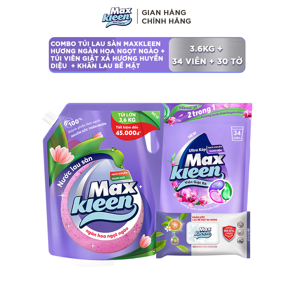 Combo Túi lau sàn MaxKleen hương Ngàn hoa ngọt ngào 3.6 kg + Túi viên hương Huyền Diệu 34 viên + Khăn ướt