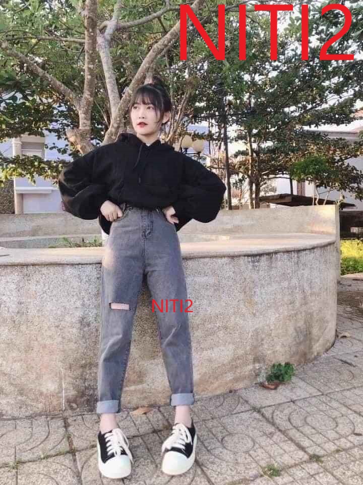 [ CỰC BỐC!!! ] QUẦN BAGGY JEAN NỮ CAO CẤP NITI2 LƯNG CAO MÀU XÁM RÁCH CHỮ NHẬT NHỎ CHÂN TRÁI CỰC XINH CỰC HOT-TD12308