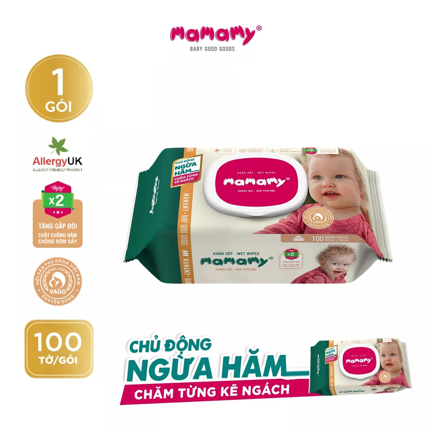Khăn ướt Mamamy 100 tờ không mùi có nắp