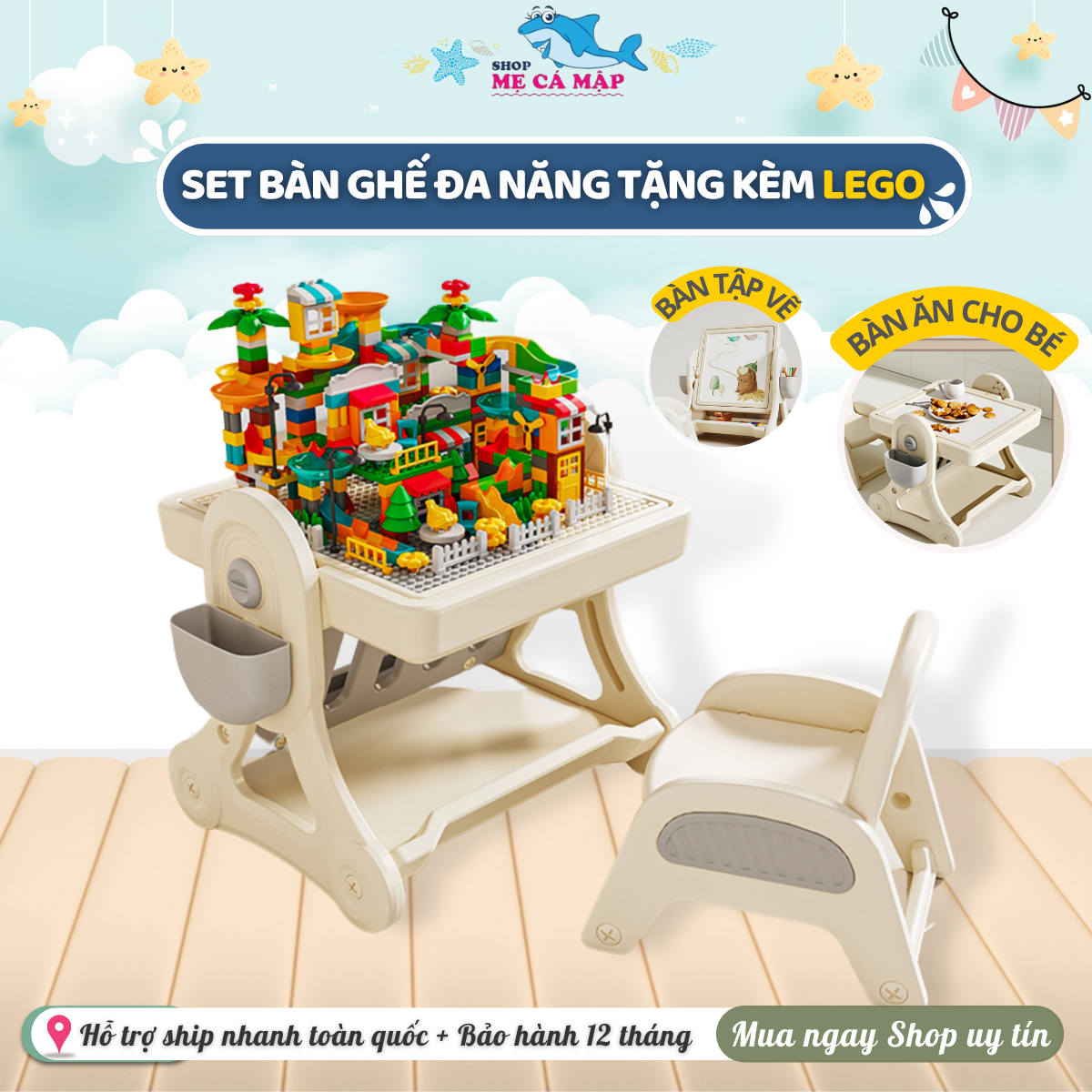 Bộ Bàn Ghế Đa Năng Cao Cấp Pakey, Bàn Chơi Xếp Hình Kèm 400 Chi Tiết Lego