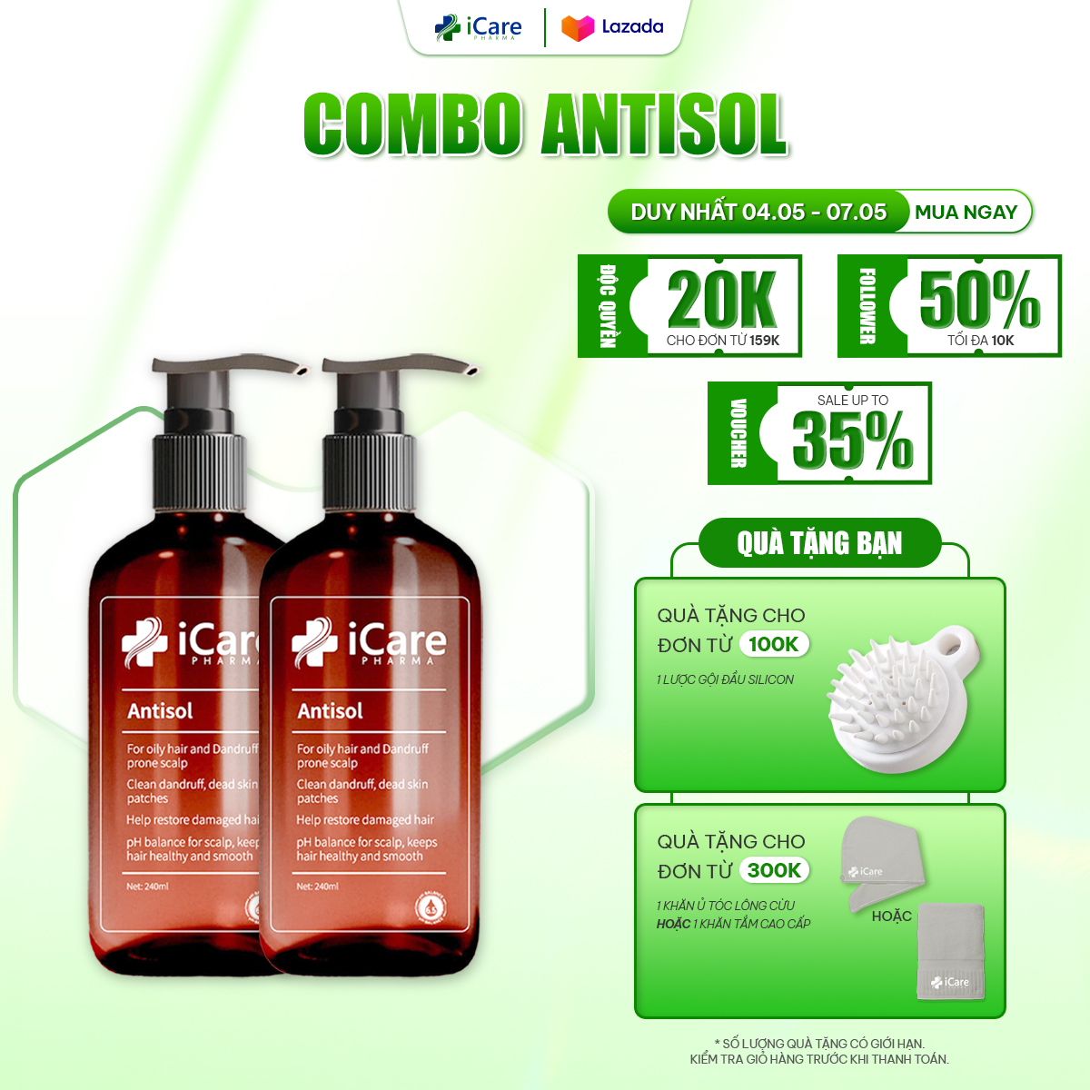 Combo 2 Chai Dầu Gội Sạch Gàu Nấm Ngứa Da Đầu Antisol - Thương Hiệu iCare Pharma
