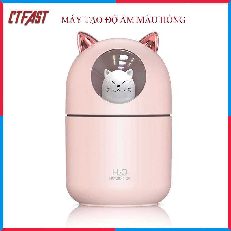 Máy Phun Sương, Máy Tạo Độ Ẩm Mini Hình Mèo CTFAST-01 Dung Tích 300 ML, Cấp Ẩm Cho Da, Phòng Điều Hòa, Khuếch Tán Tinh Dầu, Hoạt Động Êm Ái Ánh Sáng Thay Thế Đèn Ngủ - Hàng Chính Hãng
