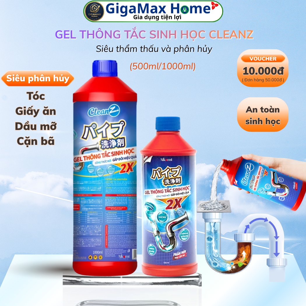 Gel Sinh Học Thông Tắc Đường Ống CleanZ – Đánh Tan Dầu Mỡ, Tóc, Cặn Bẩn Khử Mùi Hôi Tuyệt Đối -500/1000ml | GigaMax Home