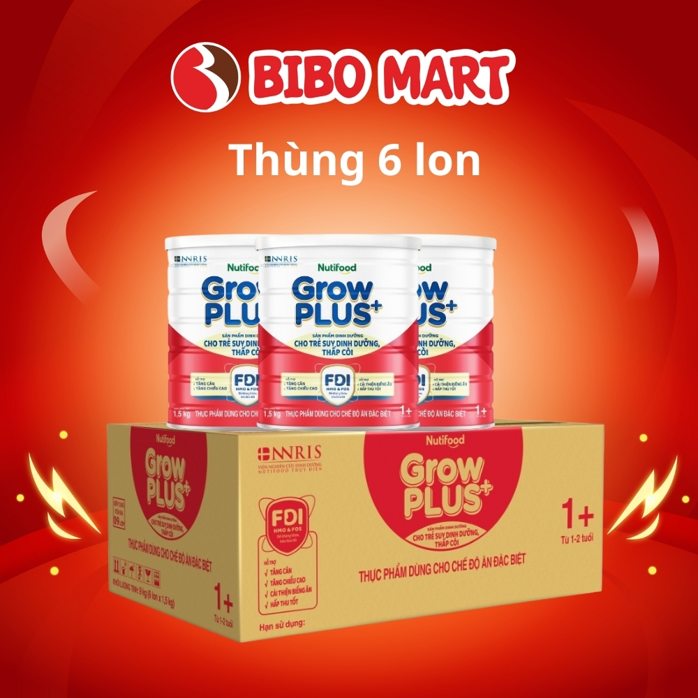 Thùng 6 Lon Sữa GrowPLUS + Đỏ Hỗ Trợ Tăng Cân 1,5Kg Dành Cho Bé 1 - 2 Tuổi - Bibomart