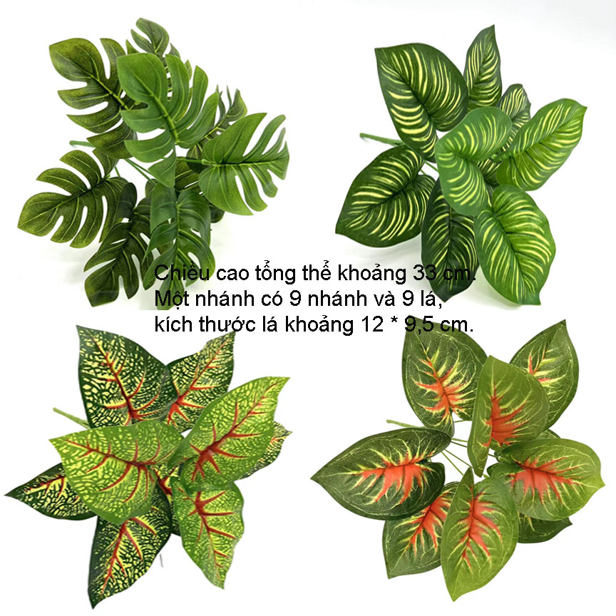 Cụm lá giả - 9 lá to vi030 - trang trí nhà cửa - tường cỏ - cụm lá rùa, lá môn...