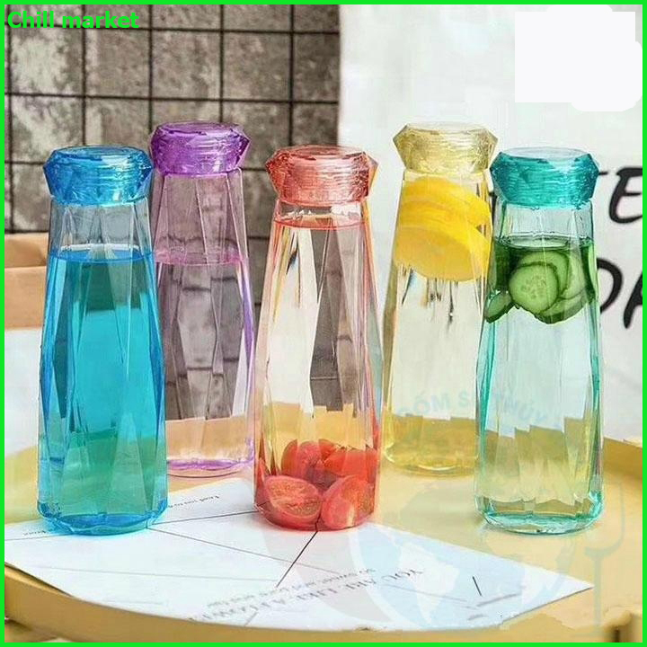 Bình nước thủy tinh màu dáng kim cương cao cấp 430ml, đựng các loại nước ép, nước hoa quả, nước sâm, detox, nước giảm cân, Dùng làm chai đựng nước uống hằng ngày để tủ lạnh.