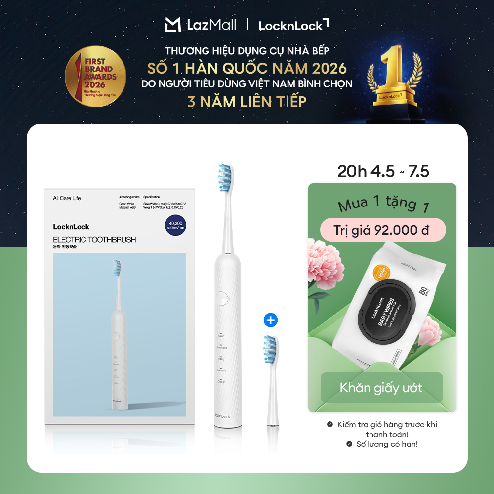 Bàn chải đánh răng điện LockLock Sonic Electric Toothbrush 40,000 VPM ENR331WHT - Công suất 1.8W - Màu trắng